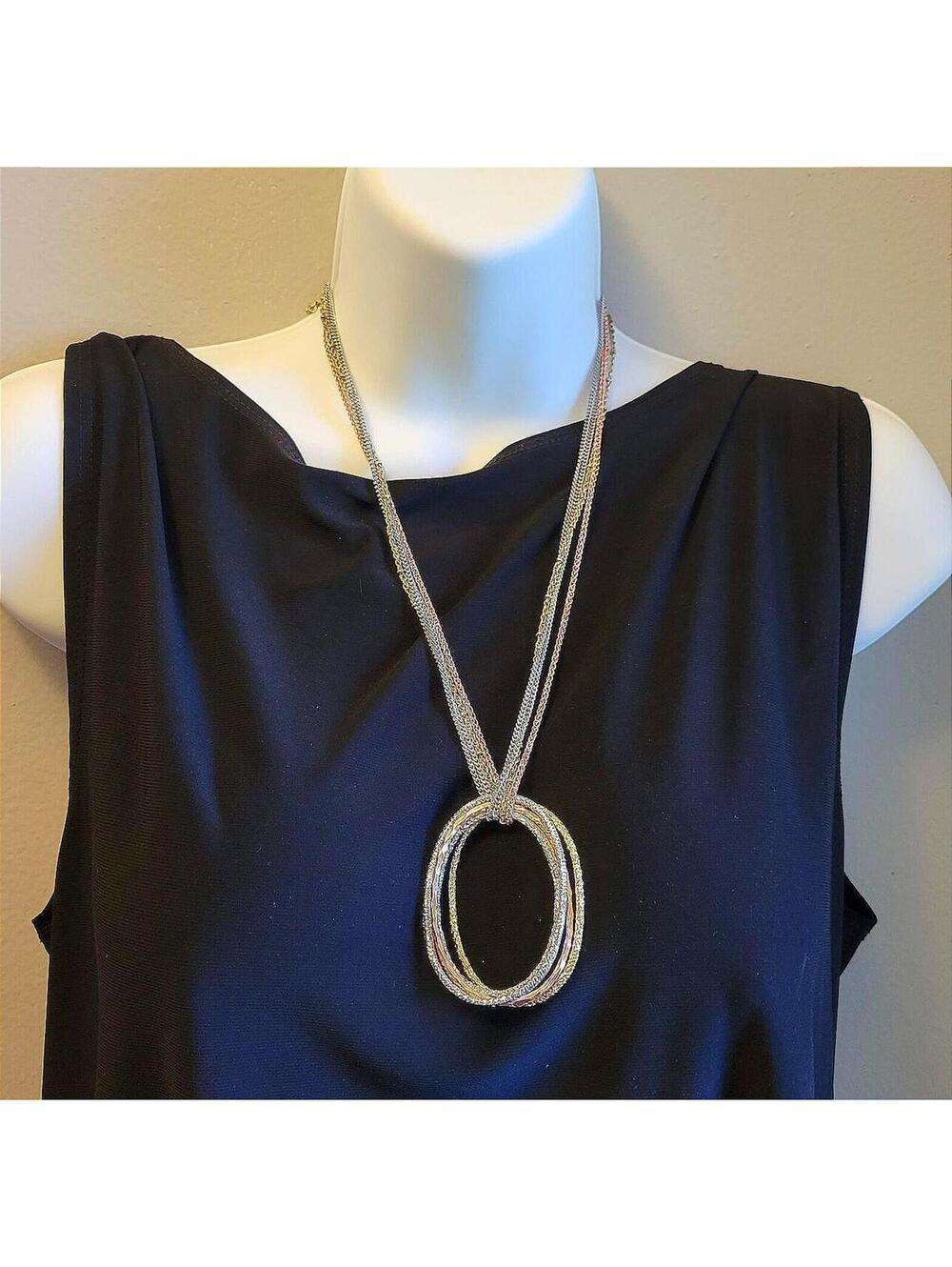 Modern Mixed Metal Oval Links Statement Necklace Rings Retro Boho